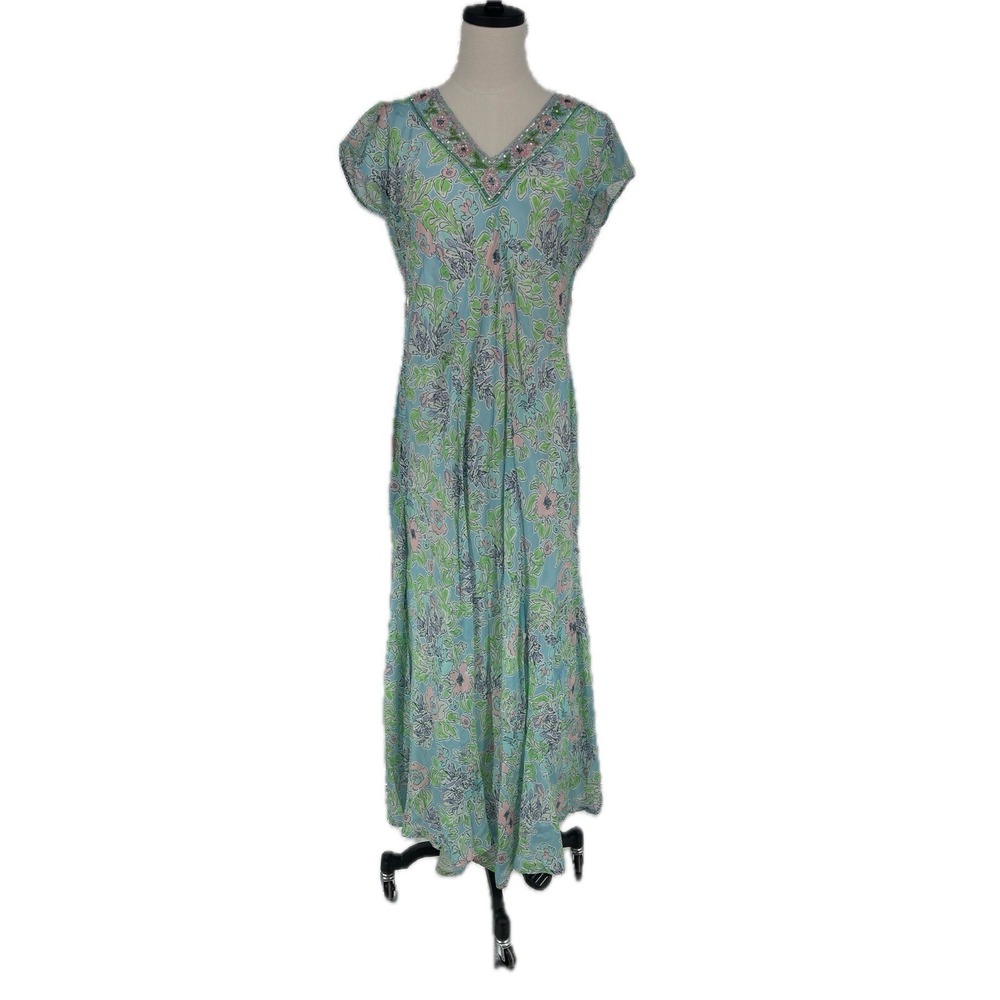 Bella Tu Womens Floral Beaded V Neck Cap Sleeve Dress Blue Pink Green Size M